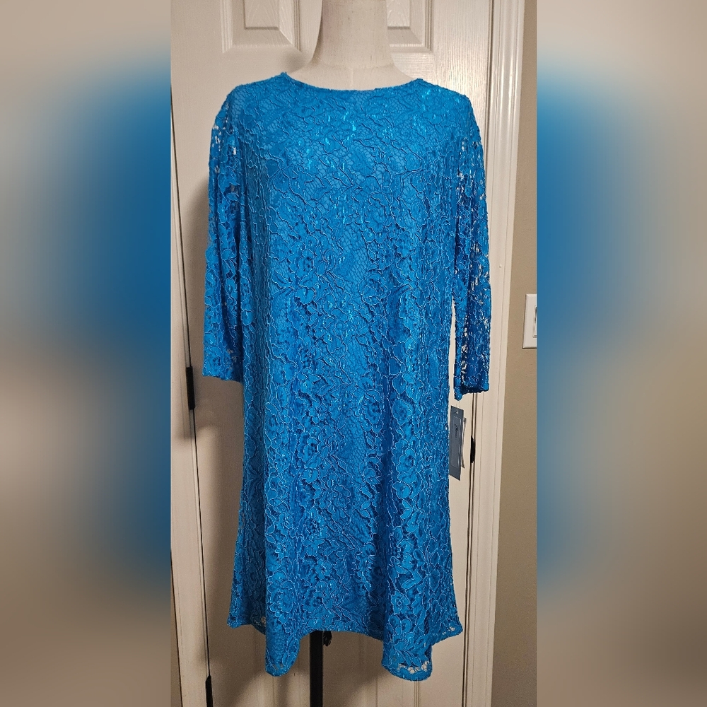 NWT Caroline Rose Lace Round Neck 3/4 Sleeve Shift Dress: Turquoise: Size- Small